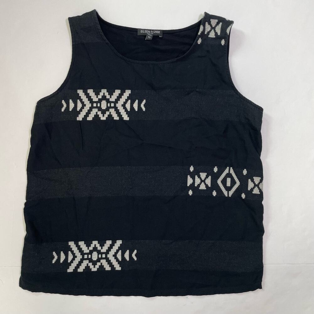 Eileen Fisher Womens Tank Top S Petite Black Organic Cotton Aztec Western Tribal